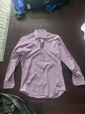 Indochino Men's Red & Blue Micro-Check Dress Shirt - Classic Point Collar Size S